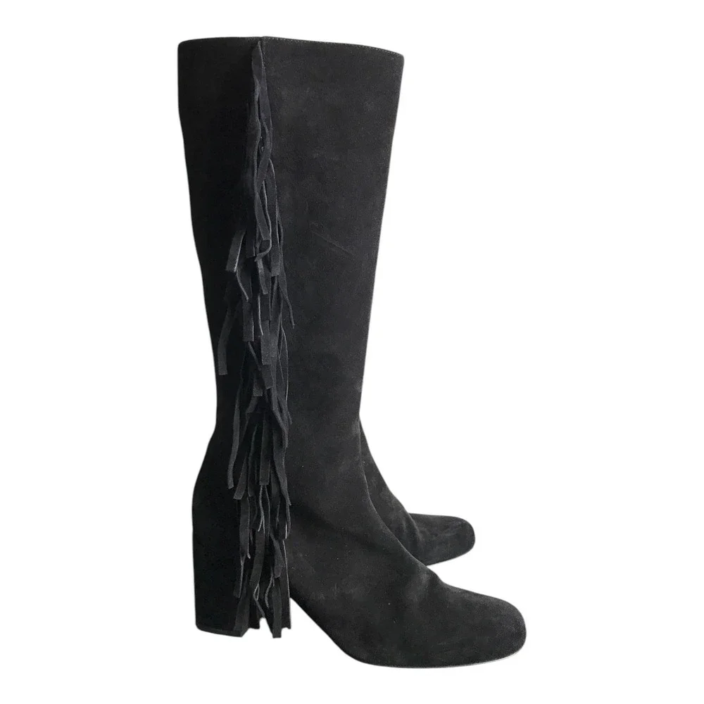 Saint Laurent Boot 10 Fringe Knee High YSL Suede Quiet Luxury Boho Festival Chic